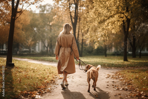 Unrecognizable woman walking her dog in a park with the happy pet wagging its tail and enjoying the outdoors,