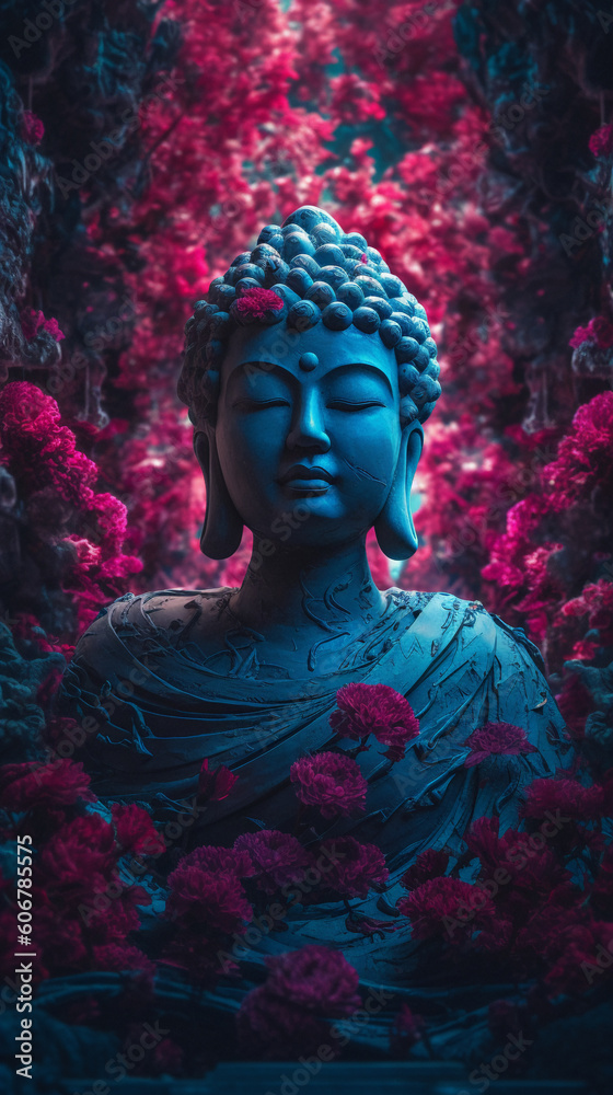 Buddha statue in the garden with flowers in the background.