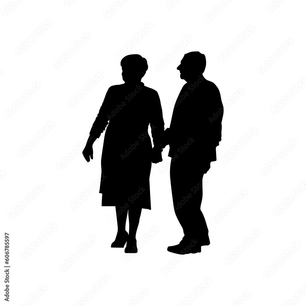 Vector illustration. Silhouette of an elderly man and woman. Husband and wife. Pensioners.