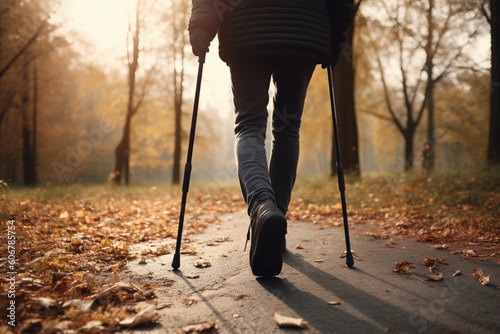 Unrecognizable person walking towards the camera with the help of crutches, Concepts: reduced mobility recovery and physical rehabilitation after an injury