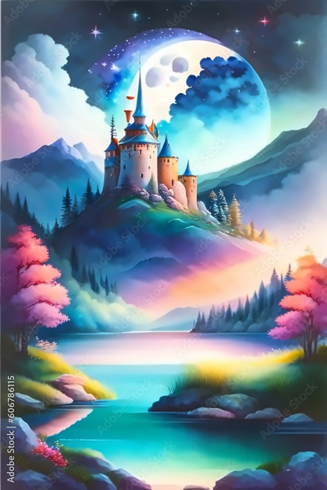 Watercolor fantasy illustration of a natural riverside lake forest landscape with an ancient medieval castle on the rocky hill mountain background and blue sky 