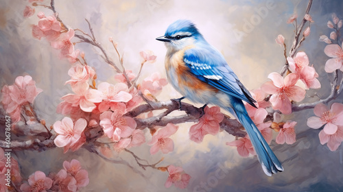 Blooming apple branch and a bluebird hand drawn in watercolor. Watercolor illustration. Apple blossom. Floral composition. Spring watercolor illustration © Ali