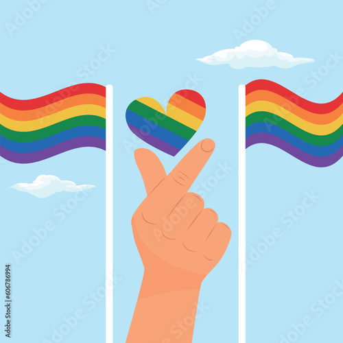 Hand making mini heart love sign lgbt. LGBTQ community flag, Illustration, Poster, Vector, Tshirt, Background or wallpaper. 