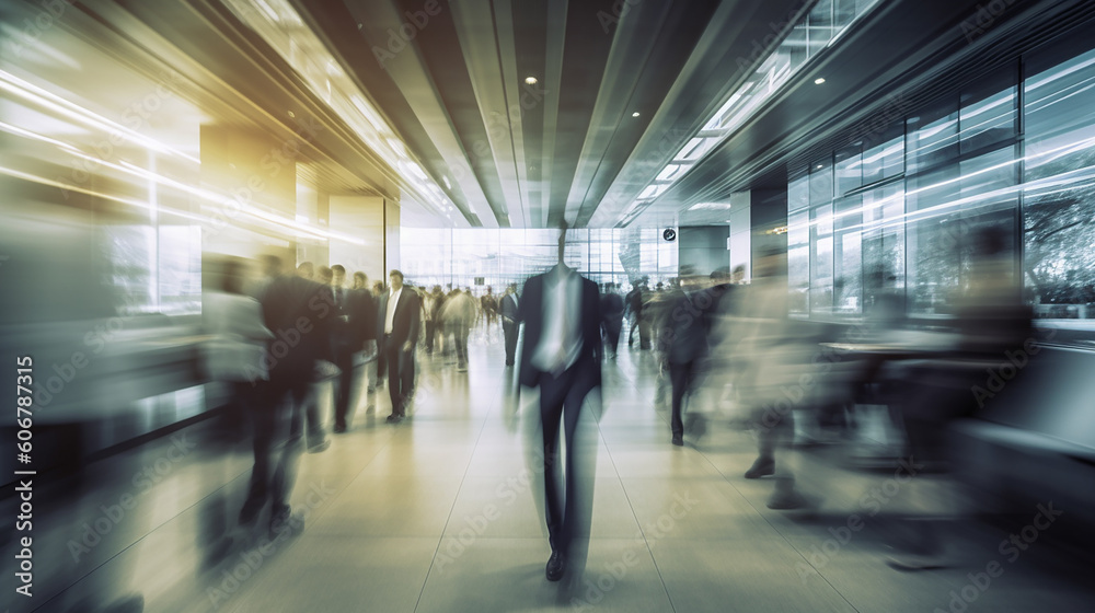 Blurred business man walk fast movement in modern office with business people meeting on table background, Generative AI Blurred business man walk fast movement in modern office with business people meeting on table background, Generative AI