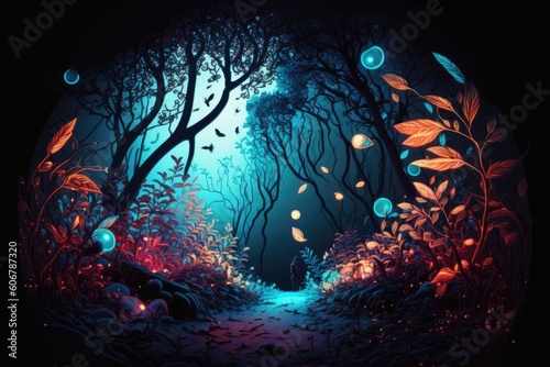 Halloween background with a spooky dark forest with magical leaf lighting