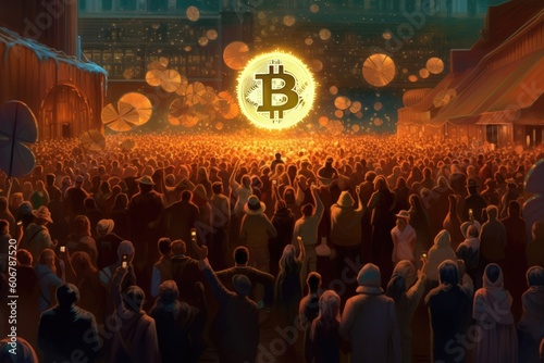 crowd of people cheering for Bitcoin, Digital currency acceptant  photo