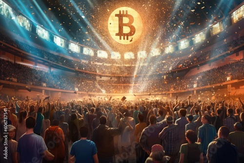 crowd of people cheering for Bitcoin, Digital currency acceptant  photo