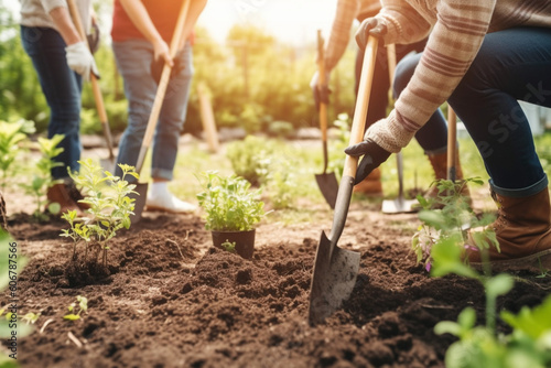 unrecognizable group of people holding gardening tools and planting flowers in a community garden promoting environmental