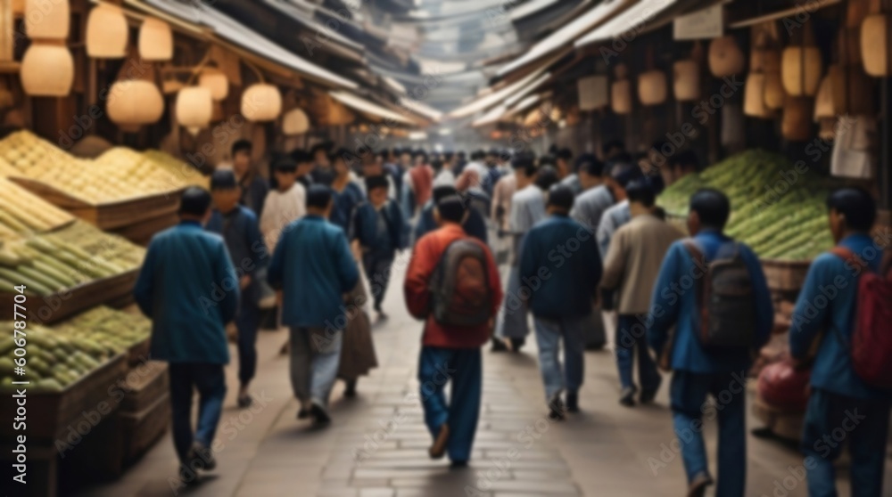 Blurred crowd of people walking in the traditional Asian market. Generative AI.
