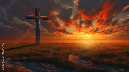 Cross with background bright sunset © Left
