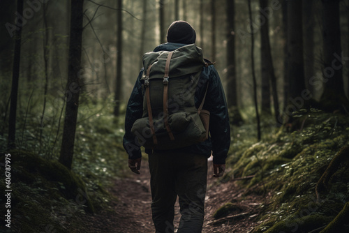 Unrecognizable man hiking or camping in a dense forest with a backpack camping gear and a sense of adventure in the wilderness,