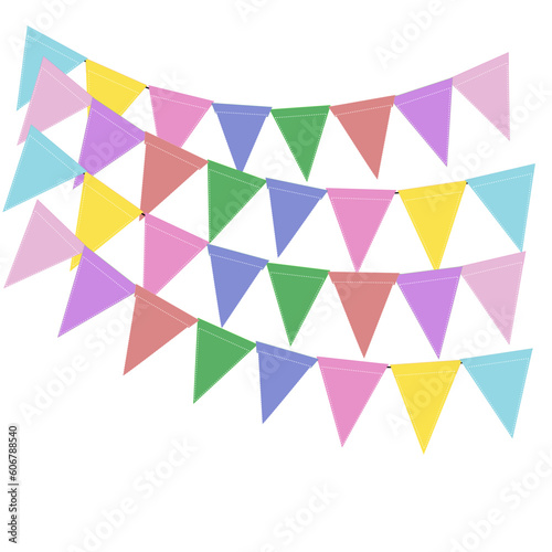 Greeting or Birthday party invitation with carnival bunting flag garlands. Part decorating concept with colorful hanging above. Happy birthday.  with copy space for your text.