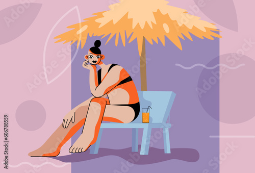 A girl sitting on an evening beach in a swimsuit with a drink under beach umbrella. Flat summer vector illustration. Summer vacation.