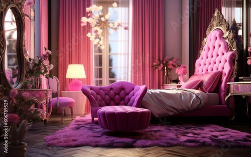 living room Magenta Glam Bedroom with Mirrored Furniture, Generative AI	