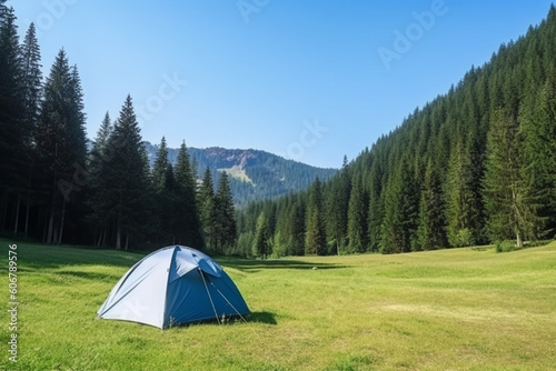 White and blue tourist tent on green meadow between evergreen fir-trees forest with beautiful mountain in distance, Tourism outdoor activities and healthy lifestyle