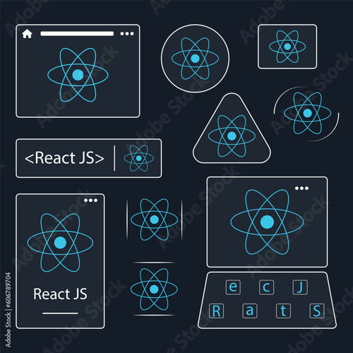 React JS, React Native mobile app development concept in a modern flat style, icons, logo. Flat stock vector illustration.