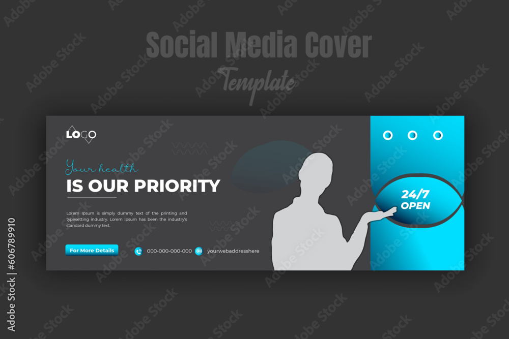 Medical timeline cover photo design template with blue gradient color shape, cover banner template, healthcare social media post design with black background
