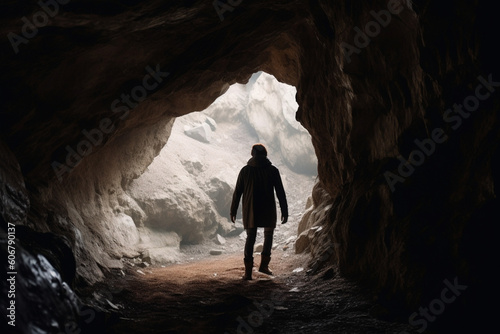 unrecognizable man Walking out of the cave