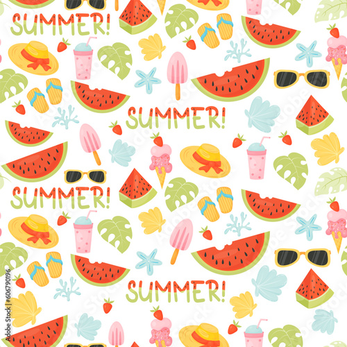 Summer seamless pattern with watermelon, shells, straw hat, slippers, ice cream on white background. Vector illustration in flat cartoon style for design, wallpaper, wrapping paper, fabric.