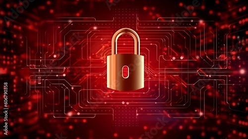 Lock on red circuit background, cyber security and protection of private information and data concept. Firewall to protect against hacker attacks - Generative AI