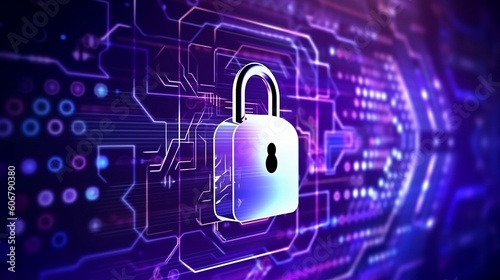 Lock on pink circuit background, cyber security and protection of private information and data concept. Firewall to protect against hacker attacks - Generative AI