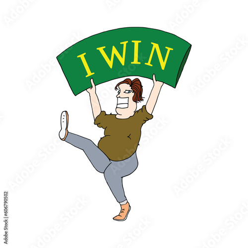 Illustration of a woman holding a placard with the word I Win photo