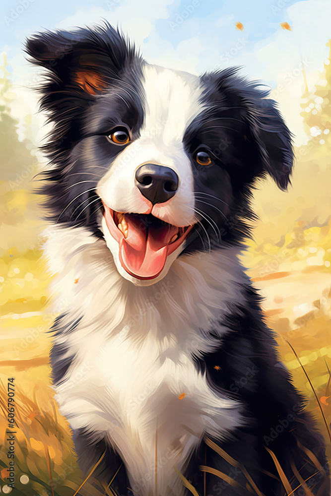 Border Collie very happy puppy cute anime illustration - Generative Ai