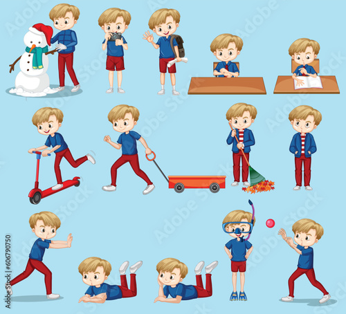 Set of cute boy in blue shirt doing different activities By The greatest graphics