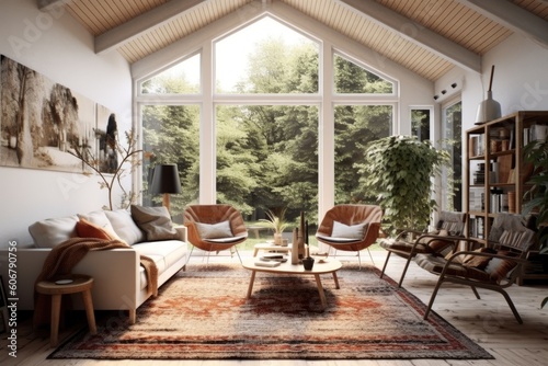 Interior design of modern and minimalistic Scandinavian living room