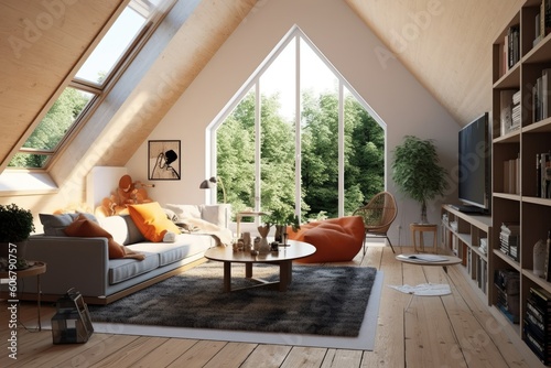 Interior design of modern and minimalistic Scandinavian living room