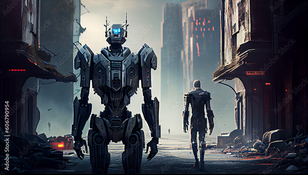 Naklejka premium Robots in destroyed city