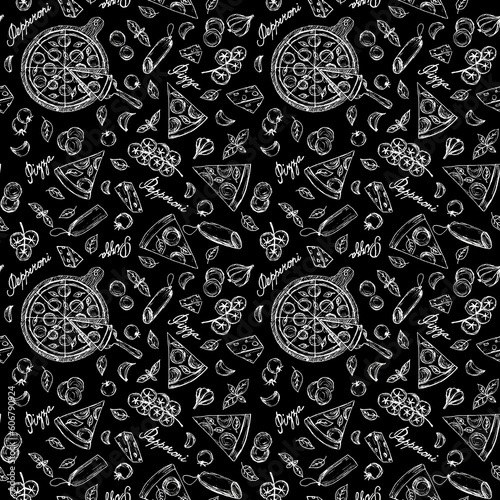 Hand illustrated seamless pattern with pepperoni pizza slices, round on a tray, tomatoes, salami, basil and garlic.Handwritten word 