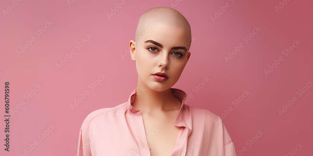 A beautiful young woman with a shaved bald head. Isolated on a pink flat background with copy space. Beautiful girl in pink shirt. Generative AI professional photo imitation. A beautiful young woman with a shaved bald head. Isolated on a pink flat background with copy space. Beautiful girl in pink shirt. Generative AI professional photo imitation.