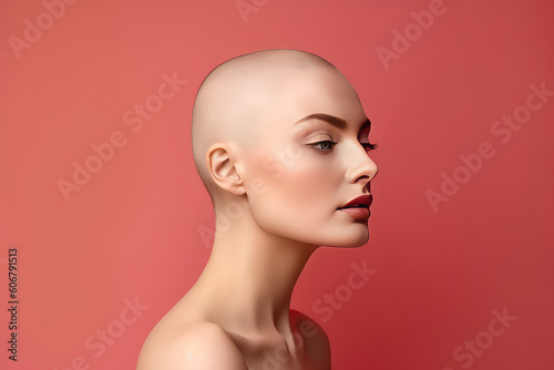 A beautiful young woman with a shaved bald head. Isolated on a red flat background with copy space. Beautiful naked girl side view. Generative AI professional photo imitation.