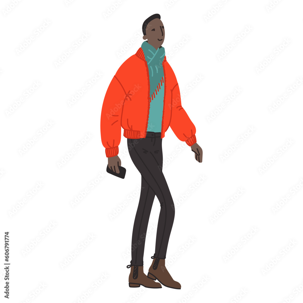 Vector hand drawn illustration with walking men. Character design in colorful clothes. Young man walks in a good mood
