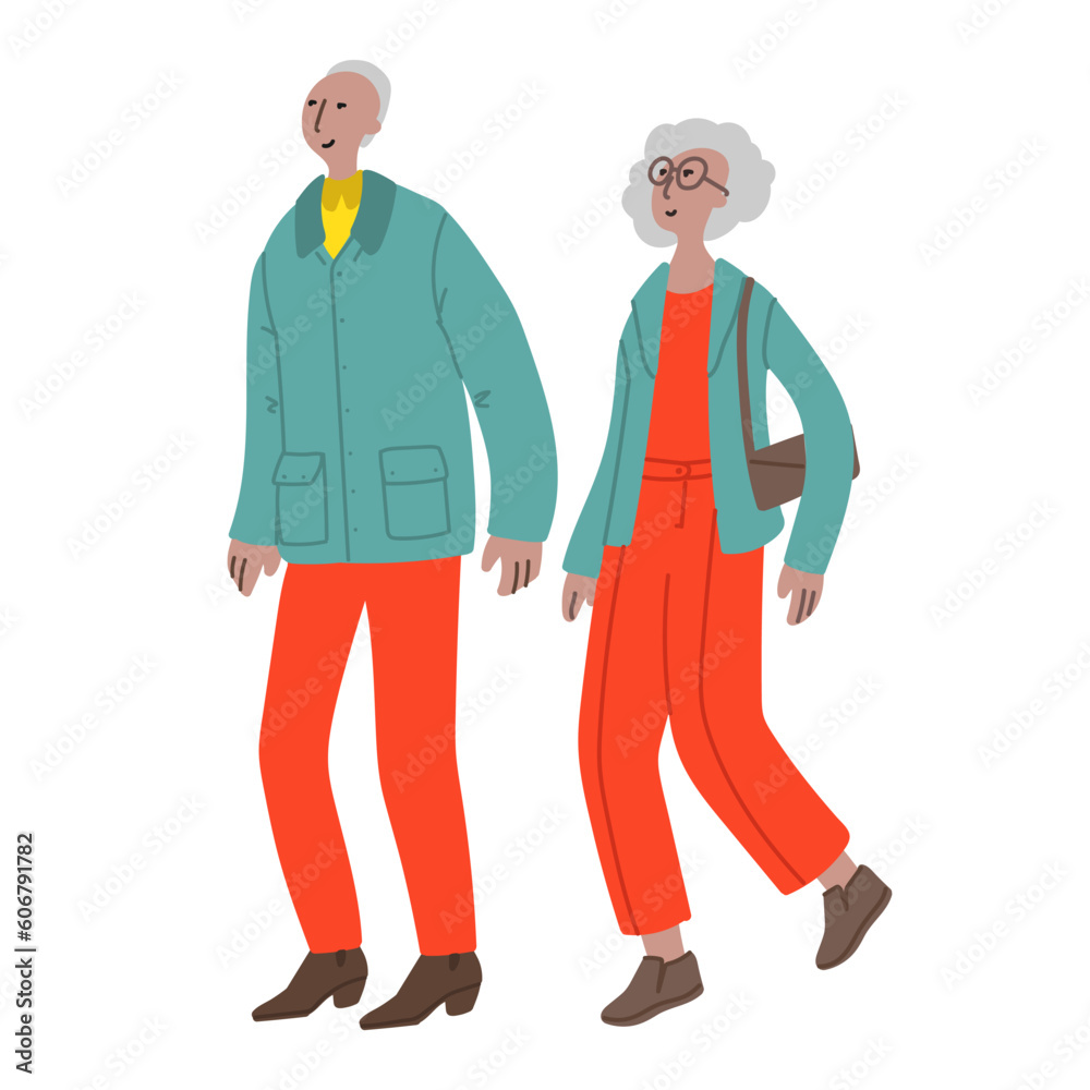 Vector hand drawn illustration with walking women and men. Character design in colorful clothes. Old women and men walks in a good mood