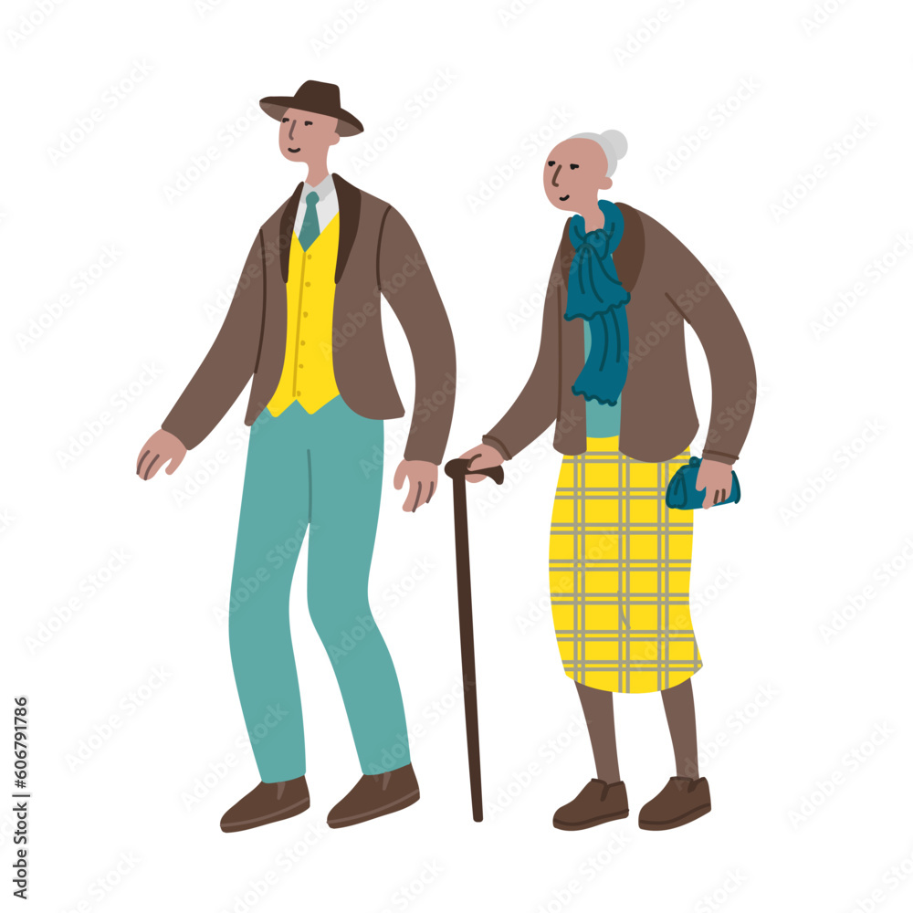 Vector hand drawn illustration with walking women and men. Character design in colorful clothes. Old women and men walks in a good mood Vector hand drawn illustration with walking women and men. Character design in colorful clothes. Old women and men walks in a good mood
