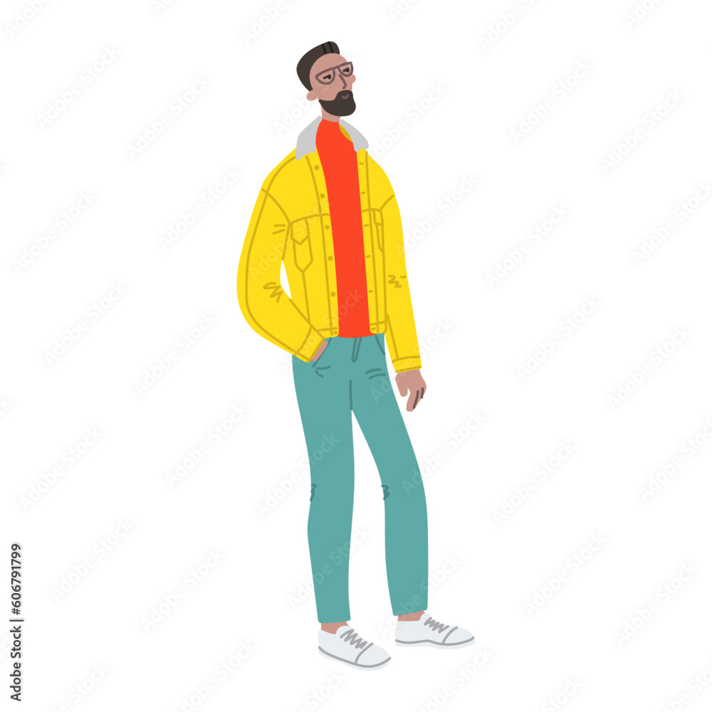 Vector hand drawn illustration with walking men. Character design in colorful clothes. Young man walks in a good mood