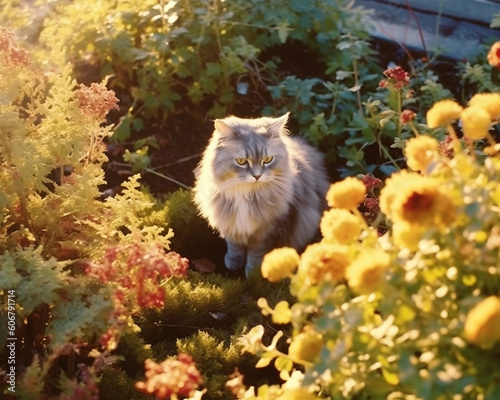 fluffy grey cat in the garden summer - Generative AI
