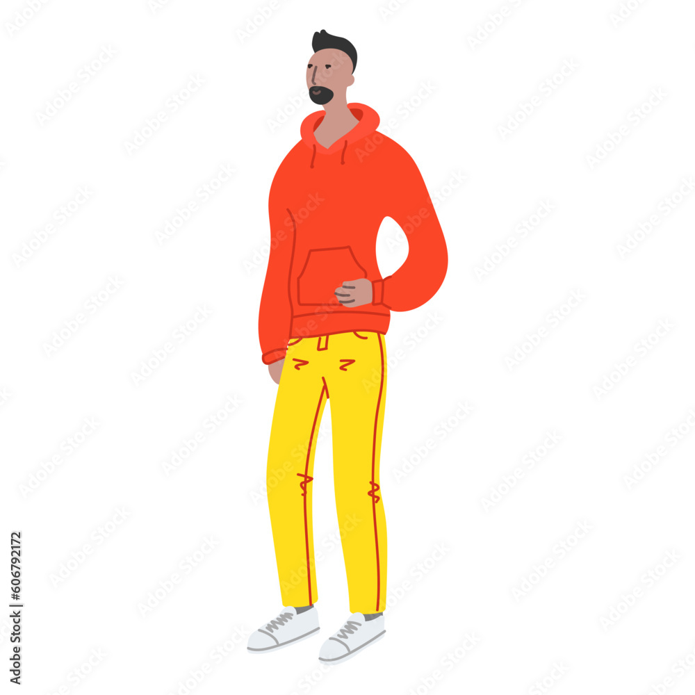 Vector hand drawn illustration with walking men. Character design in colorful clothes. Young man walks in a good mood Vector hand drawn illustration with walking men. Character design in colorful clothes. Young man walks in a good mood