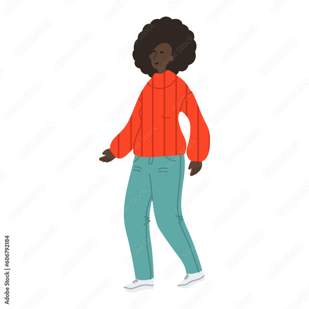 Vector hand drawn illustration with walking women. Character design in colorful clothes. Young african woman walks in a good mood Vector hand drawn illustration with walking women. Character design in colorful clothes. Young african woman walks in a good mood