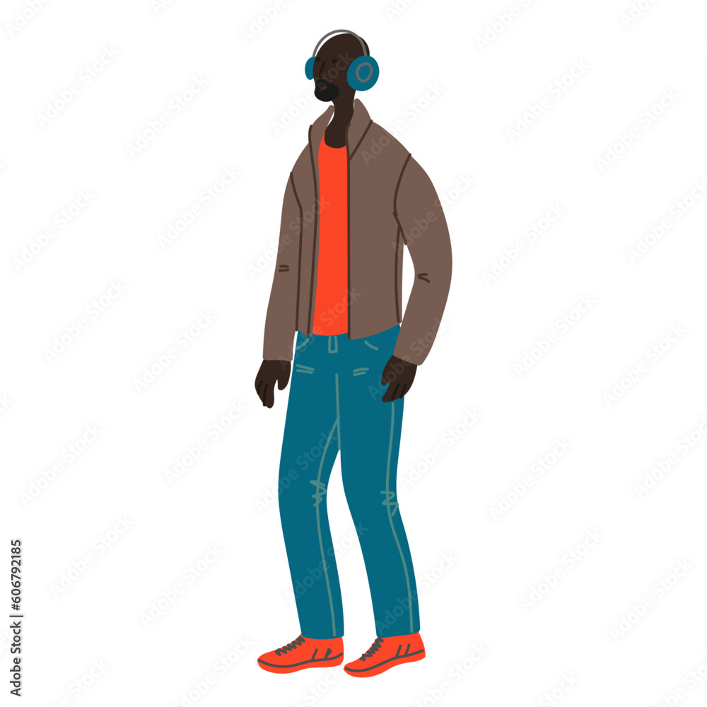 Vector hand drawn illustration with walking men. Character design in colorful clothes. Young african man walks in a good mood with music