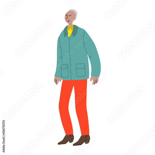 Vector hand drawn illustration with walking men. Character design in colorful clothes. Old man walks in a good mood