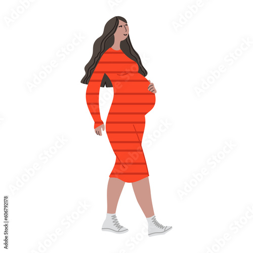 Vector hand drawn illustration with walking women. Character design in colorful clothes. Young pregnant woman walks in a good mood