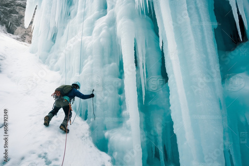 unrecognizable Climber ascending on a steep ice wall