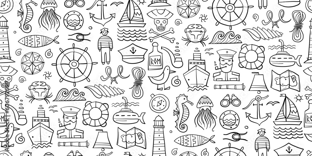 Nautical icons of navigator, ship and captain, lighthouse and sailor. Seamless pattern background for your design Nautical icons of navigator, ship and captain, lighthouse and sailor. Seamless pattern background for your design