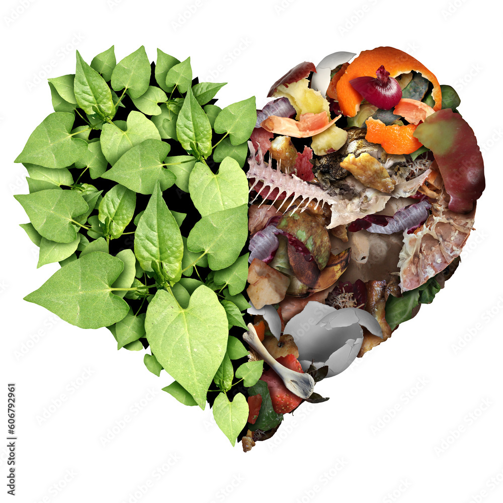 Φωτογραφία Compost love and composting or composted soil cycle as a composting pile of rotting scraps with fruits and vegetable garbage waste turning to organic fertilizer for plant growth shaped into a heart