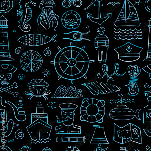 Nautical icons of navigator, ship and captain, lighthouse and sailor. Seamless pattern background for your design