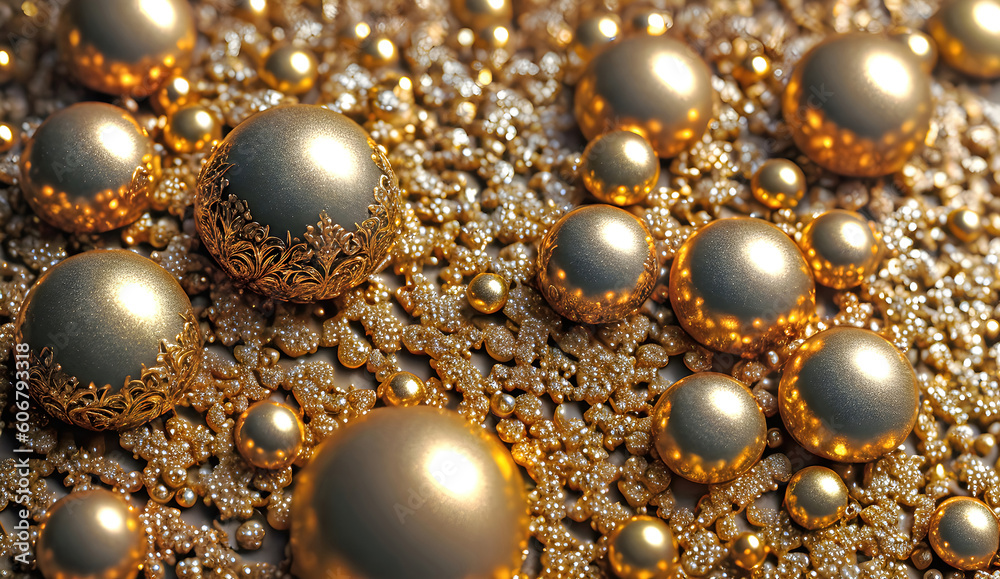 Abstract gold background, fantastic richly decorated golden ball with floral ornaments. Generative Ai.