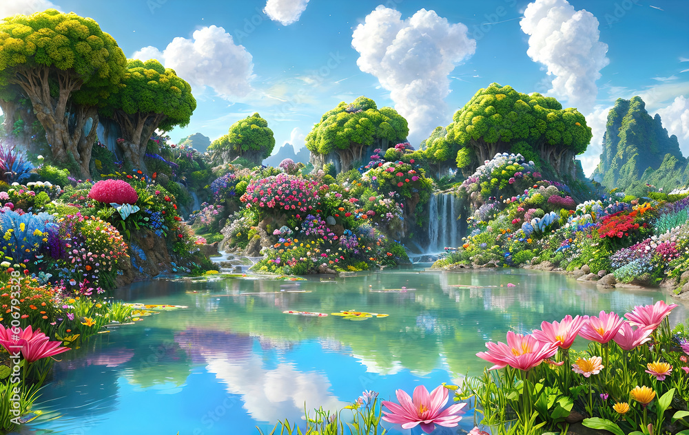 Paradise land with beautiful gardens, waterfalls and flowers, magical
